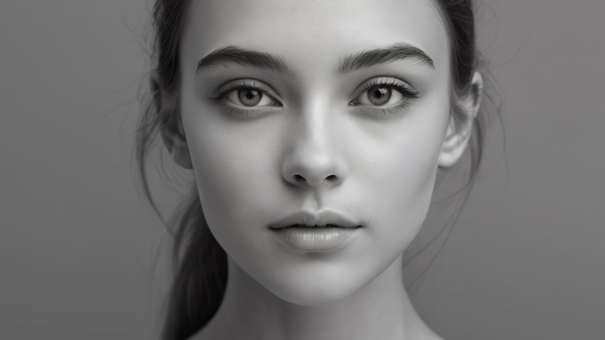 Monochromatic Portrait of a Young Woman with Clear Skin and Soft Features, Elegant Black and White Photography