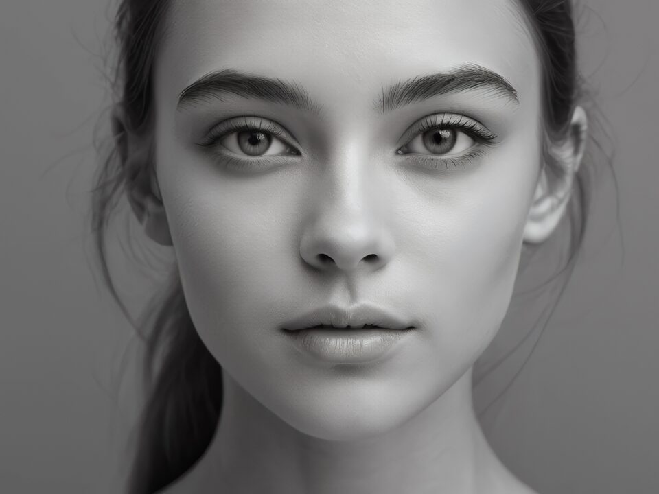 Monochromatic Portrait of a Young Woman with Clear Skin and Soft Features, Elegant Black and White Photography